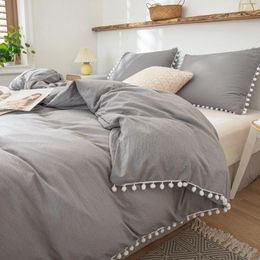 Bedding Sets Grey Set Light Grey Pom Duvet Cover White Fringed Solid Comforter Dropshipers