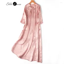 Casual Dresses 2024 Women's Fashion Pink 30MM Heavyweight 50%Natural Mulberry Silk Intertwine GuanLe Satin Three-quarter Sleeve Dress