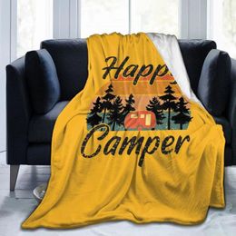 Blankets Happy Camper Flannel Blanket For Camping Hiking Portable Anti-Pilling Warm Thin Throw Soft Fleece Lightweight Bedspread