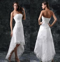 2022 Wedding Dresses Sexy Strapless Appliques Lace High Low Little White Ivory Lace Up Back Summer Beach Short Bridal Gowns8565403