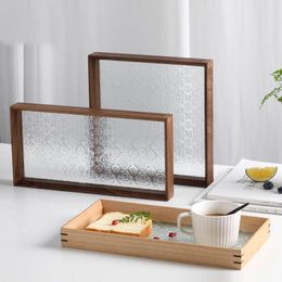 Tea Trays Breakfast Tray Coffee Candle Wood Frame Patterned Glass Reinforced Serving For Table