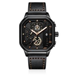 Cool Black NEKTOM Brand Hollow Out Mens Watches Accurate Quartz Watch Leather Strap Luminous Square Dial Wristwatches9976982