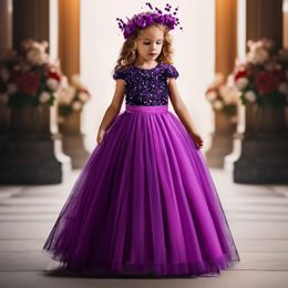 Sequins Flower Girl Dress Tulle Kids Birthday Party Pageant Prom Gown for Teen Girls Bridesmaid Short Sleeves Sparkly Dresses 240321