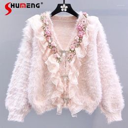 Women's Knits Fashion Handmade Flower Beads Rhinestones Sweater Coats Knitwears Autumn Winter Long Sleeve Knitting Cardigan