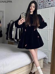 Casual Dresses Onalippa Bows Velvet Mini Dress Small Fragrance Puff Long Sleeves Loose Contrast French Style All Match Sweet Vestidos
