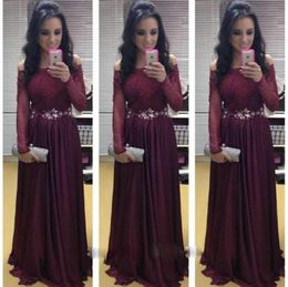 Maroon Off The Shoulder Evening Dresses With Long Sleeves A Line Lace Satin Formal Prom Gowns Custom Made Cheap3196141