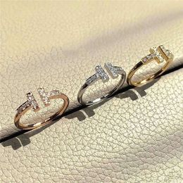 Korean Version of Internet Celebrity, Light Luxury, Double T Open Couple, Fashionable, Simple and Exquisite Diamond Inlaid Joint Index Finger Ring, Female