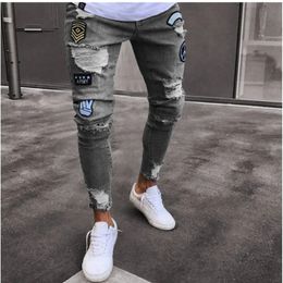 Men Stretchy Ripped Skinny Biker Embroidery Cartoon Print Jeans Destroyed Hole Slim Fit Denim High Quality Hip Hop Black 240401
