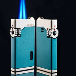 New Sand Wheel Creative Metal Blue Double Fire Windproof Visible Without Gas Box Adjustable Flame Butane Lighter Men's Good Gifts