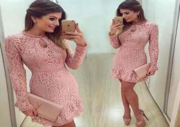 2016 New Arrival Keyhole Neck Cocktail Dresses Mini Short Pink Lace Beaded Long Sleeves Party Prom Gowns9399170
