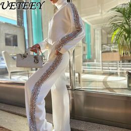 Women's Two Piece Pants 2024 Spring European Sports Suit Female Turtleneck Fashion Niche Sequined Shiny Hoodies Jacket Casual Two-Piece Sets