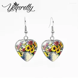 Dangle Earrings 2024 Fashion Stainless Steel Heart Dangles Yellow Sunflower Flowers In Bottles Oil Paintings Handcraft Fish Hook