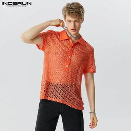 Stylish Sexy Style Tops INCERUN Mens See-through Mesh Hollow Shirts Casual Male Solid All-match Short Sleeved Lapel Blouse S-5XL240402