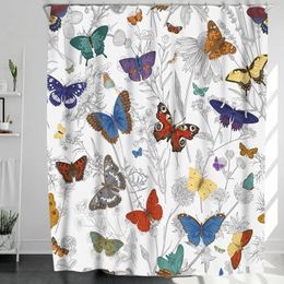 Shower Curtains Colorful Butterfly Curtain Bathroom Decor Hand Painted Plant Aesthetic Bath Hook Polyester Fabric Machine Washed