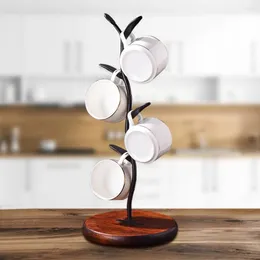 Kitchen Storage Tea Cup Stand Countertop Metal Water Rack With Wooden Base Coffee Mug Holder Tree Desktop For 4