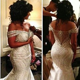 Dresses Major Beading Off The Shoulder Wedding Dresses Backless Sequin Bridal Gowns Sweep Train Mermaid Wedding Gowns Custom Made Bridal V