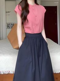 Work Dresses Fashion Summer Simple Office OL Two Piece Set Women O Neck Solid Short Sleeve Shirts High Waist A Line Skirts Suits