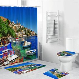 Shower Curtains Seaside City View Bathroom Curtain Set Summer Tourist Season Landscape Printed Fabric Decoration