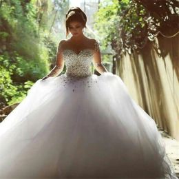 Dresses Vestidos De Novia Con Mangas Nude With Crystal Sweep Train Scoop Rhinestone Wedding Dresses Gown Bling Bling Bridal Gowns