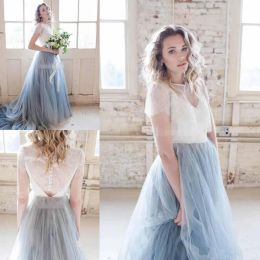 Dresses 2018 Fairy Beach Boho Lace Wedding Dresses A line Two Pieces Beach Wedding Dresses Light Blue Skirts Bohemia Bridal Gowns Custom M