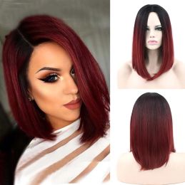 Wigs Soowee Synthetic Hair Black To Burgundy Ombre Hair Short Bob Wigs Straight Party Hair Grey Cosplay Wig for Women