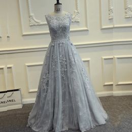 Dresses Grey Long Prom Dresses 2019 Floor Length Tulle With Lace Vestido De Formatura Longo Party Dresses Elegant A Line Evening Dress