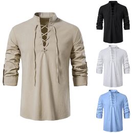 Mens Cotton Linen Shirts Long Sleeved Shirt V Neck Casual Blouse Spring Summer Thin Front Lace Up Tops Breathable Men Clothing 240322