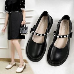 Casual Shoes Woman Spring Low Heels Pearls Mary Janes Patent Leather String Bead Platform Black Thick Sole Lolita
