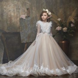 Dresses Hot Sale Feather Ball Gown Flower Girl Dresses For Wedding Beaded Bateau Neck Appliqued Toddler Pageant Gowns Long Sleeves Kids Pr