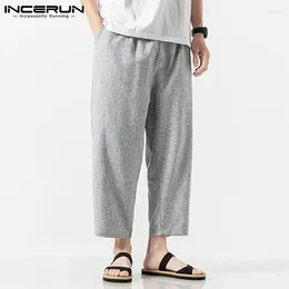 Men's Pants INCERUN 2024 Men Fashion Elastic Waist Trousers Chinese Style Cotton Linen Cropped Long Drawstring Straight S-5XL