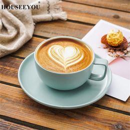 Cups Saucers HOUSEEYOU Nordic Matte Ceramic Coffee Cup Saucer Set Salad Cappuccino Latte Drinking Teacup For Home Office Bar Drinkware