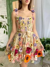 Casual Dresses 3D Flower Tulle Square Neck Mini Sling Dress Summer Backless A-line Gown Short Vestidos Chic Evening For Women Party