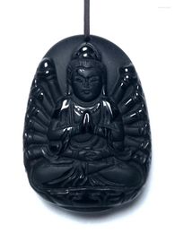 Decorative Figurines Chinese Natural Black Jade Carved Avalokitesvara Statue Pendant Amulet Gift 5 CM