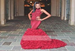 Burgundy African Black Girls Mermaid Prom Dresses Long High Neck Lace Applique Sexy Backless Evening Gowns Formal Dress Pageant Dr8718058
