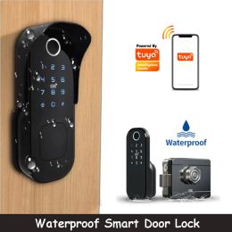 Lock No Wiring Waterproof Tuya Wifi Smart Lock Digital Code IC Card TTLock App Fingerprint Rim Lock For Home Wooden Metal Gate Door