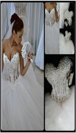 2020 Luxurious Bling Sweetheart Wedding Dresses Corset Bodice Sheer Bridal Ball Pearl BeadsTulle Wedding Gowns Vestido De Noiva2867887