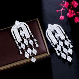 Earrings BeaQueen Sparkling Long Tassel Drop Chandelier Earrings for Women White Cubic Zicon Crystal Bridal Wedding Costume Jewellery E540