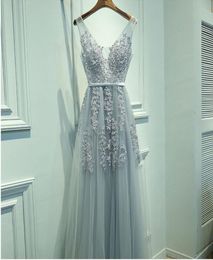 Elegant Dusty Blue Long Tulle Prom Dress ALine Appliques Beaded V Neck Homecoming Dress Graduation Dress for Party Sheer Straps P5165738
