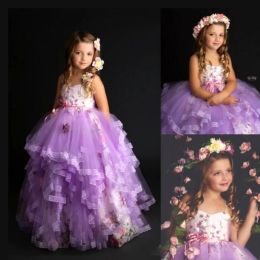 Dresses Lovely Light Purple Little Girl's Birthday Dress Spaghetti Lace Appliques Girls Pageant Dress Puffy Tulle Flower Girl Dresses For