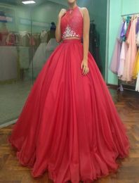 Sparkly Ball Gown Quinceanera Dress Sexy Open Back Two Piece Halter Lace up Crystal Sweet 16 Dresses Girls 15 Birthday Gowns8322395