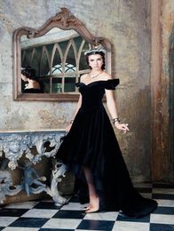 Vintage Black Velvet Formal Evening Dresses With Sexy Off Shoulder Hi Lo Back Lace up Pageant Prom Gowns 2016 Robe de Soiree1457330