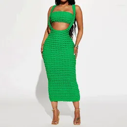 Work Dresses OMSJ 2024 Sexy Bubble Grid Fabric Skirt Set Chest Wrapping Tank Top Strap Back Split Midi Women's Party Holiday Two-pieces