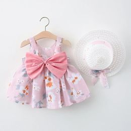 Girls Summer Fashion Flower Big Bow Dress with Hanging Straps Pure Cotton Comes Sun Visor Hat 03 Years Old 240322