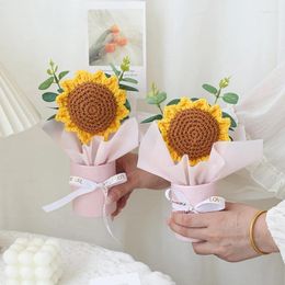 Decorative Flowers Mini Woven Sunflower Flower Bucket Hand Knitted Woollen Bouquet Boxes Desktop Decoration Elegant Valentine's Day Gifts