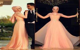 Muslim Caftan A Line Evening Dresses High Collar Long Sleeve Pink Hijab Underscarf Dubai Morocan Kaftan Prom Party Gowns Custom9593787