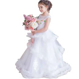 Dresses 2022 Romantic Three Layers Flower Girl Dress Party Toddlers Lace Crystal Short Cap Sleeve Boat Neckline Wedding Guest Dresses Litt