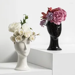 Vases European Style Human Head Vase Ceramic Figure Art Ornament Black White Flower Pot Dining Table Home Decor