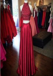 Burgundy 2 Piece Prom Dresses Long Cheap 2019 Customised Crystals High Neck Backless ThighHigh Slits Satin A Line Formal Gowns Ev9730992