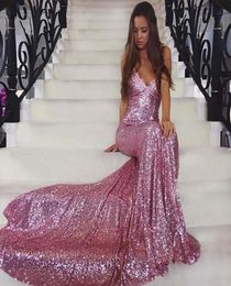 Sparkling sequined long sweep mermaid prom dresses 2019 spaghetti straps applique criss cross backless formal evening gowns9840490