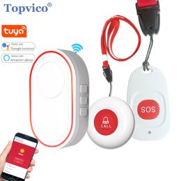 Kits Topvico Wifi Panic Button Alarm Fall Prevention for Elderly Dementia RF433mhz Wireless Bed Alarm Caregiver Pager Tuya APP